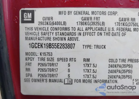 2005 Chevrolet Silverado 1500 Z71 z USA, uszkodzony, nr VIN 1GCEK19B55E283807